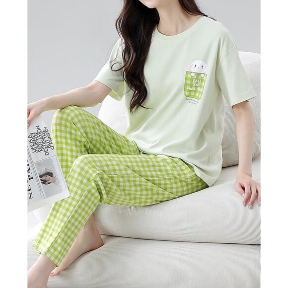 New Cotton Women Pajama Set Short Sleeve Pullover Top Long PJ Pants L XL XXL - Picture 8 of 10